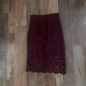 Bar III Burgundy Floral Lace Pencil Skirt High Waisted Midi Scalloped Hem Size M
